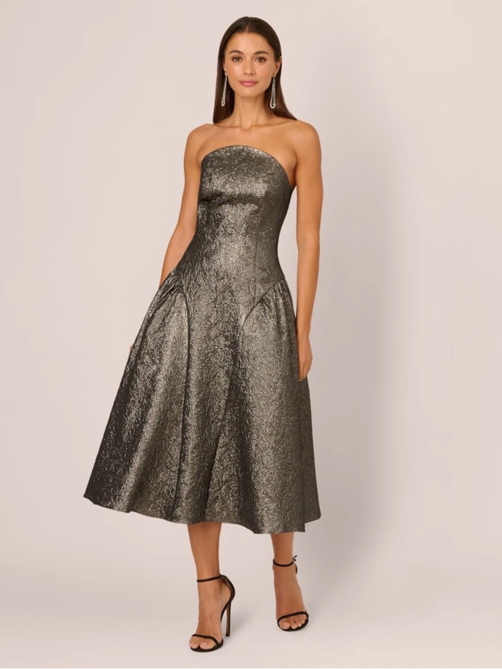 Adrianna Papell Strapless Metallic Midi Dress in Charcoal Silver